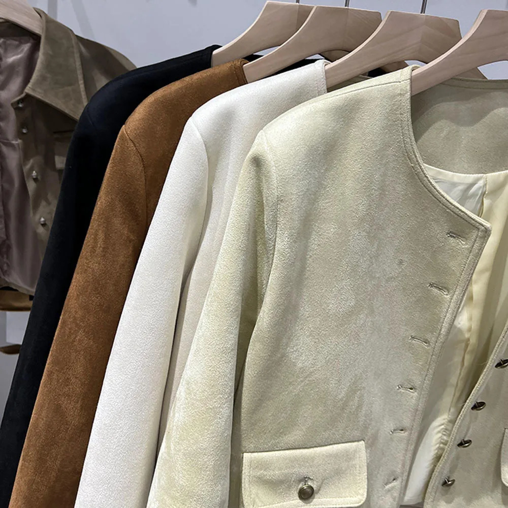 Spring Jacket Ladies French Small Fragrant Wind Suede Short Coat Womens Round Neck Solid Color Casual Tops Autumn Outwear 241018