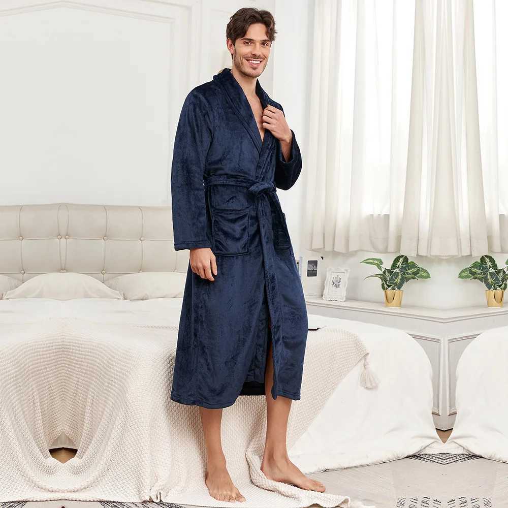 Mens Robe Flannel Kimono Nightwear Loose Winter Homewear Bathrobe Gown Shower Solid Color Sleepwear with Pocket LoungewearXJ241018