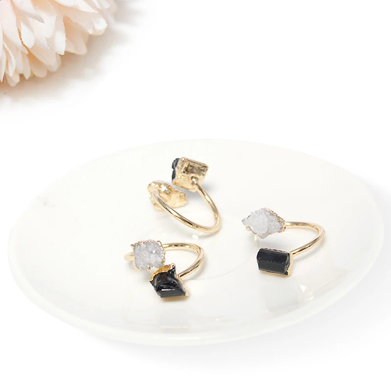 Irregular Druzy Quartz Stone Black Tourmaline Open Ring Boho Golden Handmade Raw Crystal Finger Jewelry Resizable 241010