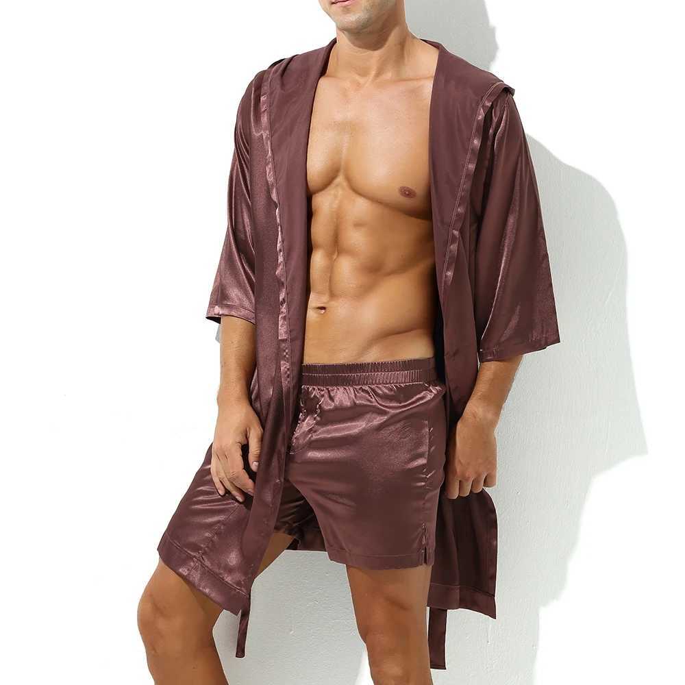 Sexy Men Bathrobe Hooded Night Gown Sleep Robe Shorts Sleeve Matching Couple Pajama Sleepwear Casual Breathable Slip LoungewearXJ241018
