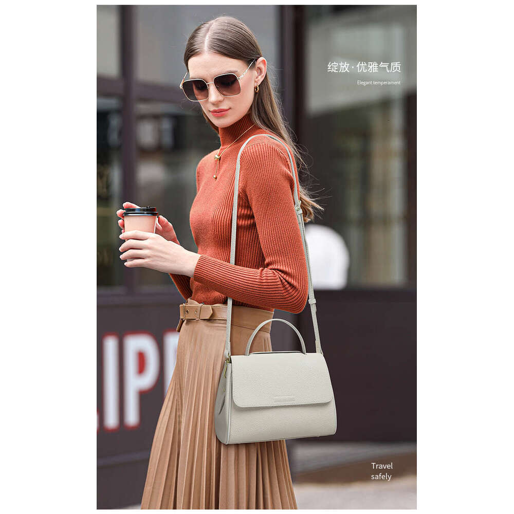 Elegant Beige White 2 Straps Shoulder Messenger Bag 100% Cow Leather Top-Handle Women Handbag Flap Crossbody Bags