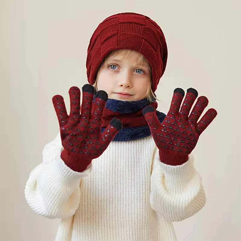 Winter Children Hat Gloves Scarf Set Plus Velvet Knitted Hats for Kids Neck Warmer Scarves Five Finger Gloves Boys Accessories LX241018
