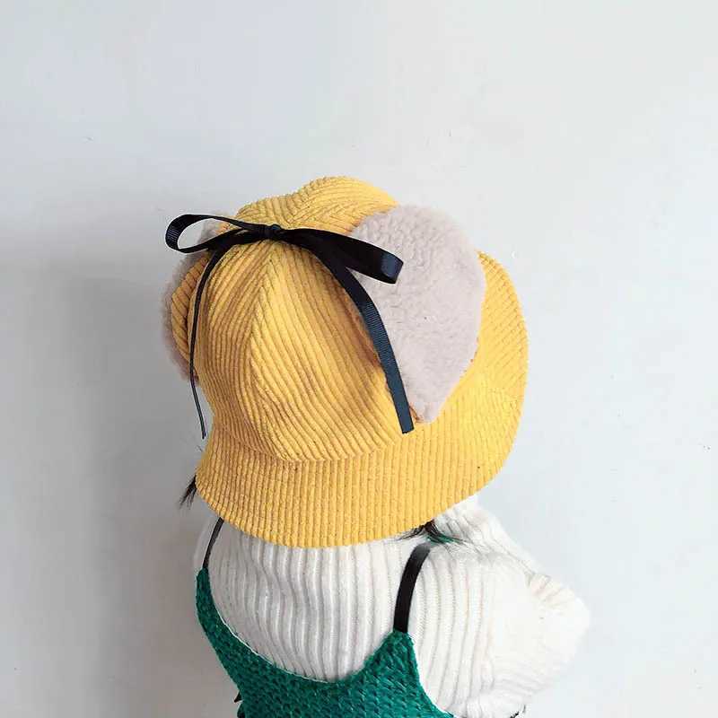Winter Corduroy Baby Bucket Hat Thicken Plush Ear Protection Fisherman Cap for Toddler Korean Letter Kids Earmuff Hats LX241018