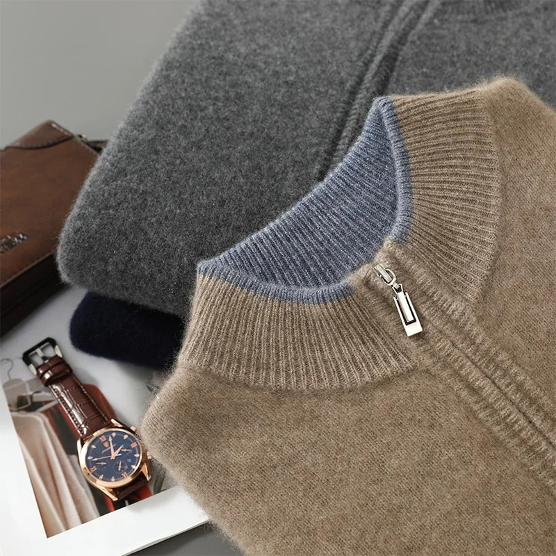Autumn And Winter Mens Cashmere Sweater SemiHigh Collar Zipper Cardigan Sports Casual Color Matching Knitted Wool Coat 241018