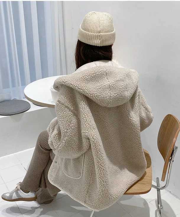 Ladies Cute Ins Hooded Button Up Jacket Womens Spring Autumn Winter Chic Loose Warm Lamb Coat Outerwear Female Cheap WholesaleX241018