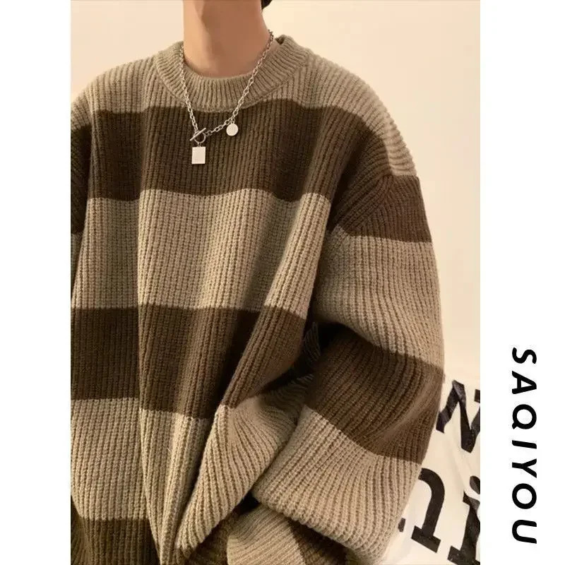 Korean style patchwork striped sweater for men in autumn and winter lazy loose knitted round neck retro trendy 241018