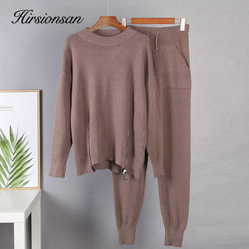 Hirsionsan Elegant Cashmere Knitted Sets Women 2023 Winter Warm Basicl Two Pieces Loose Sweater And Harem Pants Female Tracuit