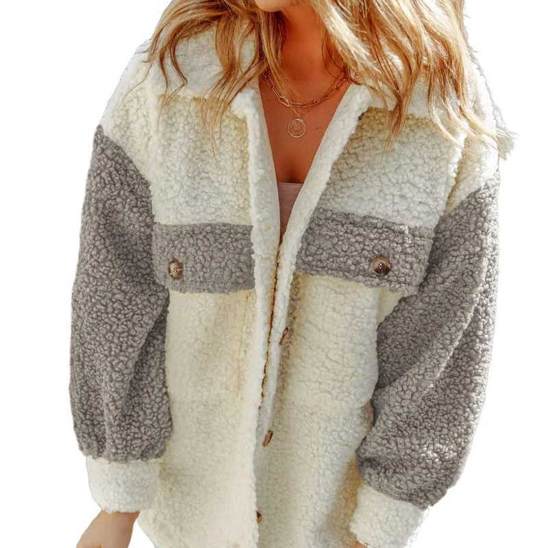 Autumn Winter Fashion Turn-down Collar Long Sleeve Patchwork Color Blocking Lamb Wool Coats Womens Clothing Casual Button TopsX241018