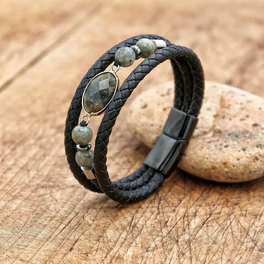 Fashionable Natural Labrador Stone Multi functional Leather Bracelet for Womens Charm Stainless Steel Magnetic Buckle Packaging Bracelet Gift 241018