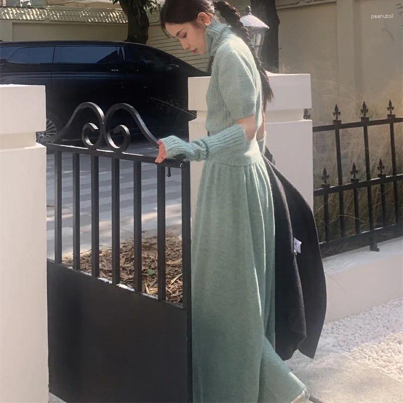 Two Piece Dress French Elegant Knitted Skirt Suits Vintage Autumn Winter Women High Neck Pullover Sweater Tops With Waiste Long Skirts Set B4