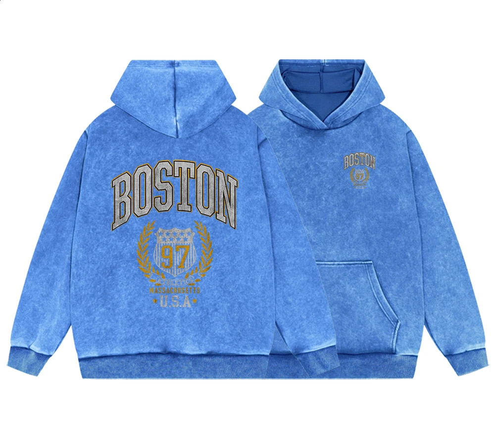 Boston 97 Atletics Usa Man Vintage Washed Cotton Sweatshirts Fashion Pullover Loose Fleece Hoodie Autumn Casual 241017