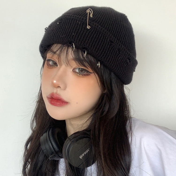 Hip Hop Unisex Knit Hat with Broken Edge and Pinhole Pattern for Cool Streetwear Look