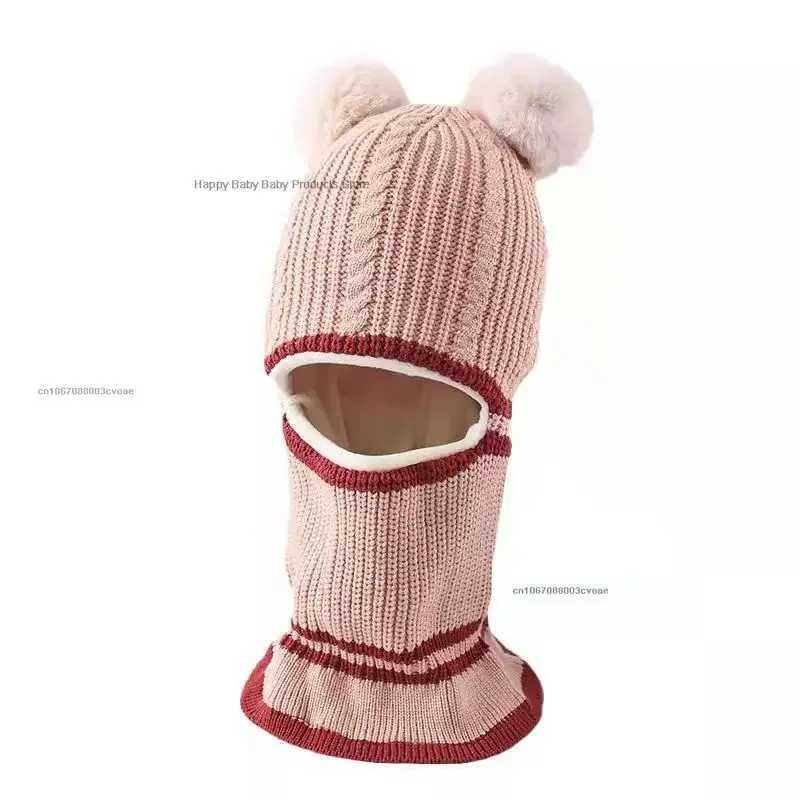 2-5Y Winter Baby Hat Scarf One-Piece Pompom Knit Hat for Kids Warm Neck Ball Cap for Girls Boys Windproof Beanies Infant Cap LX241018