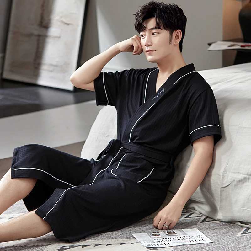 Big Yards L - 4XL Pajamas Mens Full Pure Cotton Knited Robes Sexy V-Neck Short Sleeve Bathrobe Male Solid Color Nightgown LoungeXJ241018