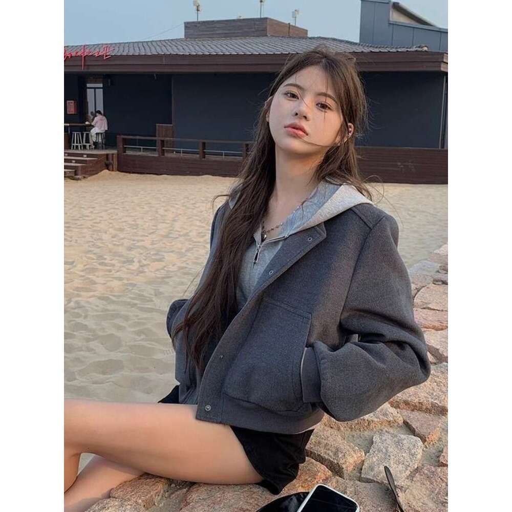 American Street Vintage Hoodie Baseball Jacket 2024 Autumn New Gray Coat Women Y2k E-Girl Long Sleeve Zipper Tops Mujer