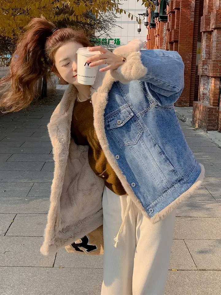 Korean Fashion Warm Lambwool Jean Jackets Women 2024 Thicken Plus Velvet Winter Outwear Casual Fleece Lined Oversized Denim CoatX241018