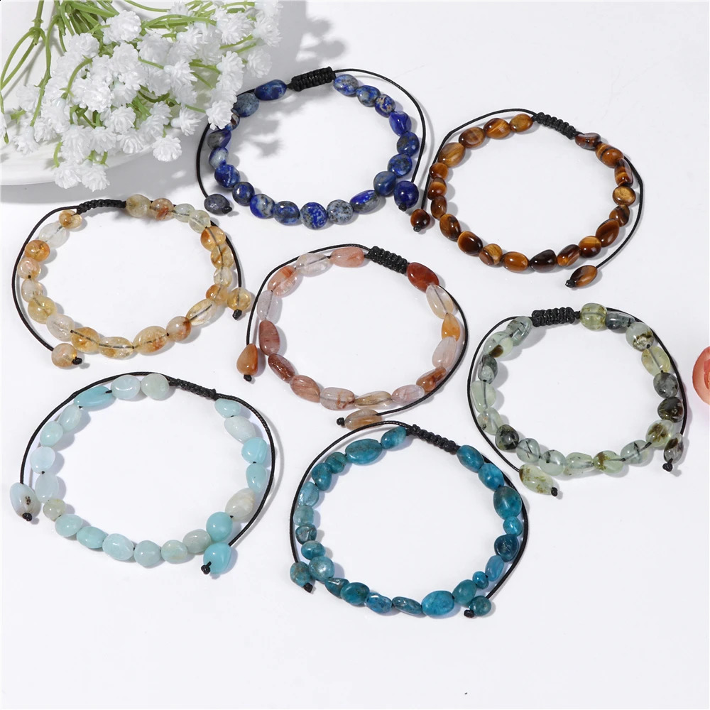 Natural stone irregular bead bracelet with adjustable spiritual energy fluorite lemon stone quartz tiger eye stone woven bracelet 241018