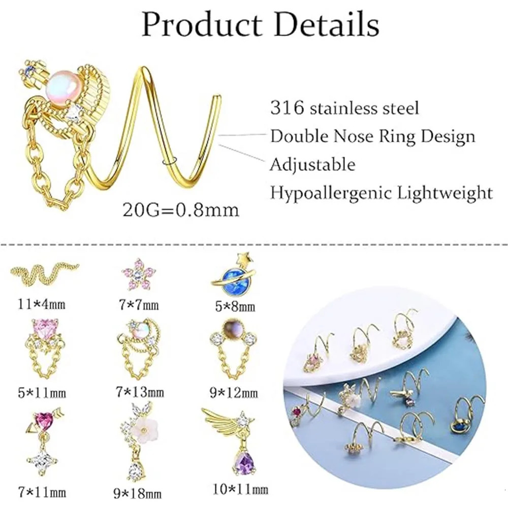 Drperfect 9Pcs Stainless Steel Dangle Double Nose Ring for Single Piercing Dangling Nose Spiral Hoops Double Earrings for Women 241007
