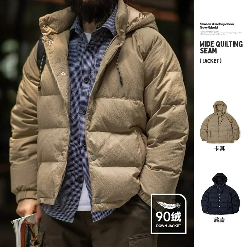 Maden Mens Winter Wide Quilting Seam Thickened Down Jacket White Duck Down Navy Blue Hooded Jacket High Density Fabric Warm Top 241017