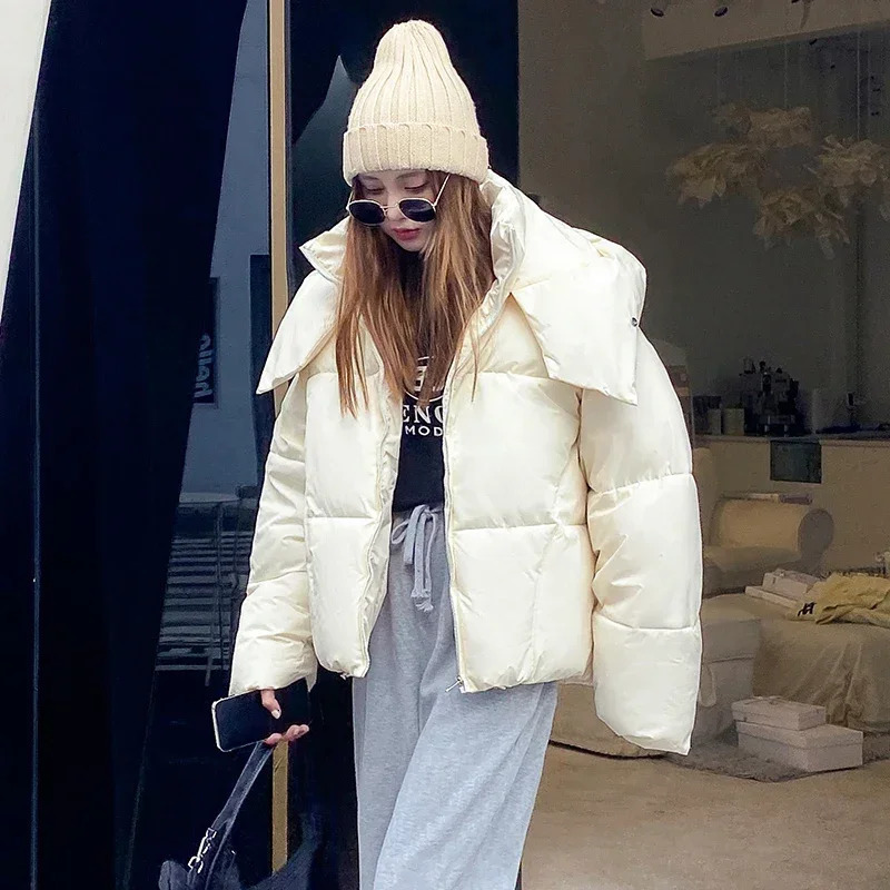 Winter Chic Hooded Down Cotton Puffer Parka Coats Women Loose Solid Thicken Warm Jacket Female Fashion Zippers Outwear 241018