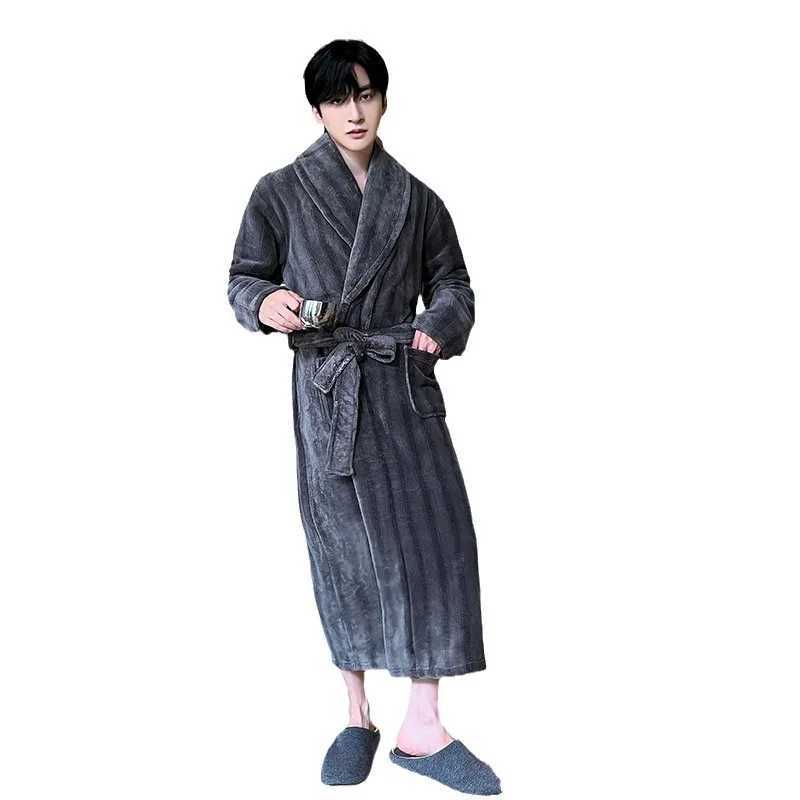 2024 New Mens Winter Keep Warm Sleepwear Kimono Bathrobe Gown Thicken Oversize Loose Coral Fleece Homewear Flannel Long RobeXJ241018