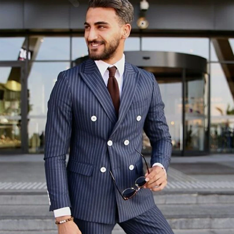 Stripe Business Men Suits Double Breasted Formal Wedding Groom Tuxedo Slim Fit for Dinner 2 Pieces Navy Blue Jacket with Pants