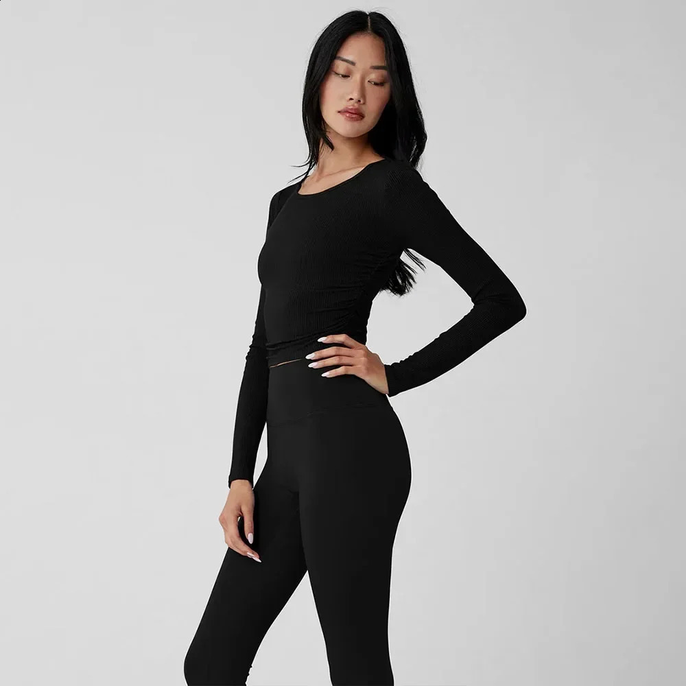AL naked yoga long sleeved round neck long sleeved waist tightening weight loss sportswear elastic fitness yoga top 241018