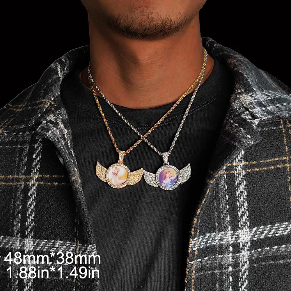 Direct hip-hop personalized pendant with shiny CZ commemorative picture necklace po customization without carved wings pendant 241018