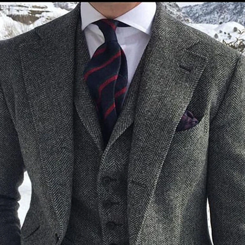 Gray Wool Tweed Men Suits For Wedding Winter Herringbone Formal Groom Tuxedo 3 Piece Male Fashion Costume Blazer Vest With Pants