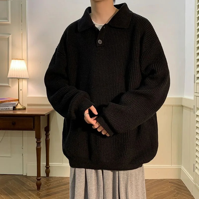 Polo Neck Oversize Men Knit Sweater Vintage Brown Casual Winter Long Sleeve Fashion Warm Streetwear Tops Pullovers 241018