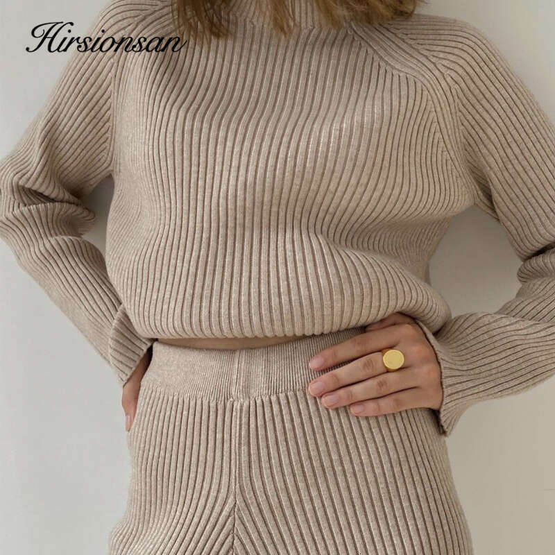 Hirsionsan Elegant Soft Knitted Sets Women Autumn Winter Warm Casual Two Pieces Sweater And Pants Outfits Solid Tracuit Lady