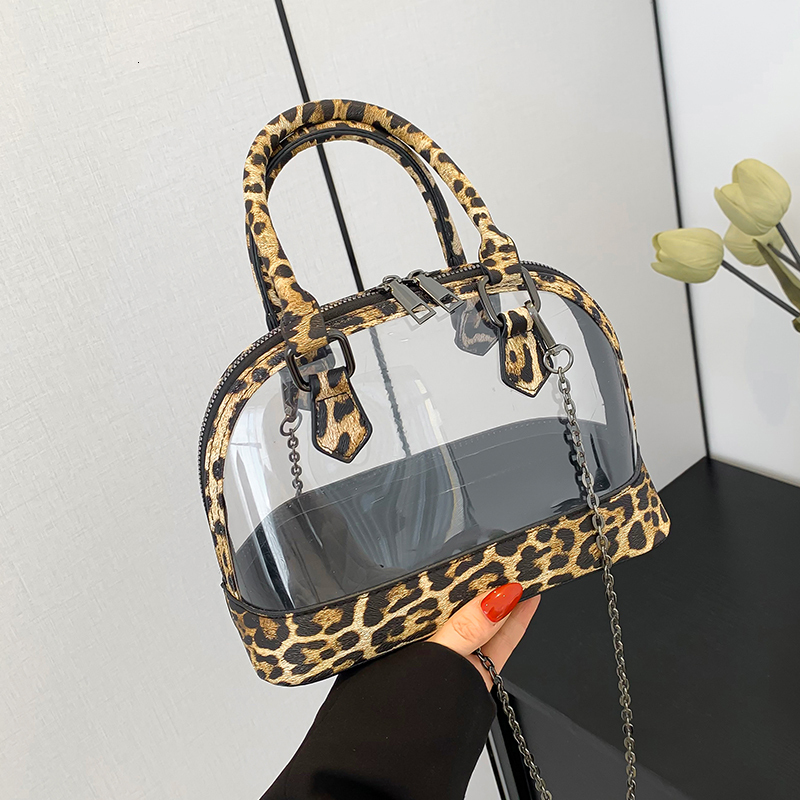 Brand Shell Handbag For Women Vintage Khaki Leopard Leather Shoulder Bag Female Waterproof Transparent PVC Crossbody Bags