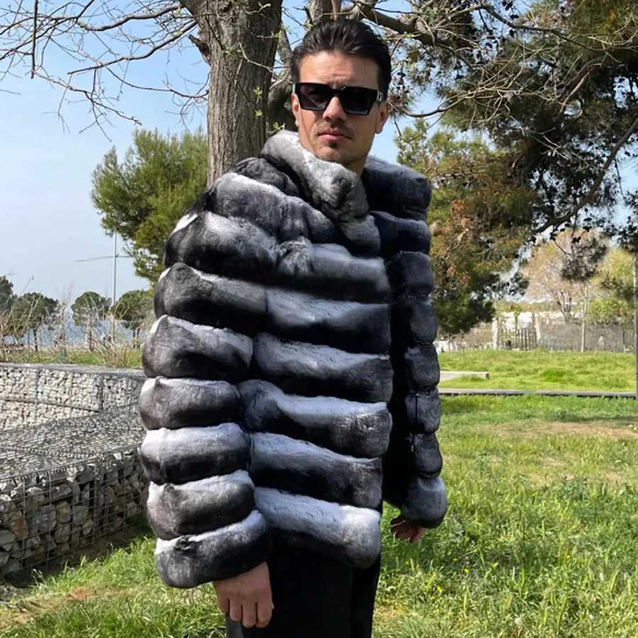 Mens Winter Rex Rabbit Fur Coat True Fur Jacket Mens Luxury Jacket Chinchilla 2024 Fashion Fur Jacket Mens W241017