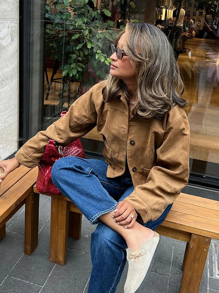 Brown Suede Coat Skirt Sets Women Lapel Single Breasted Loose Jacket Mini Skirts Female 2 Pieces Suits 2024 Autumn Lady Outfits 241017
