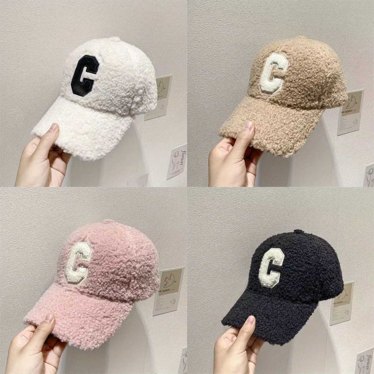 Lamb Wool Solid Color Duckbill Cap C Letter Embroidery Baseball Cap Woman Winter Travel Outdoor Warm and Thickened CasquetteX241018