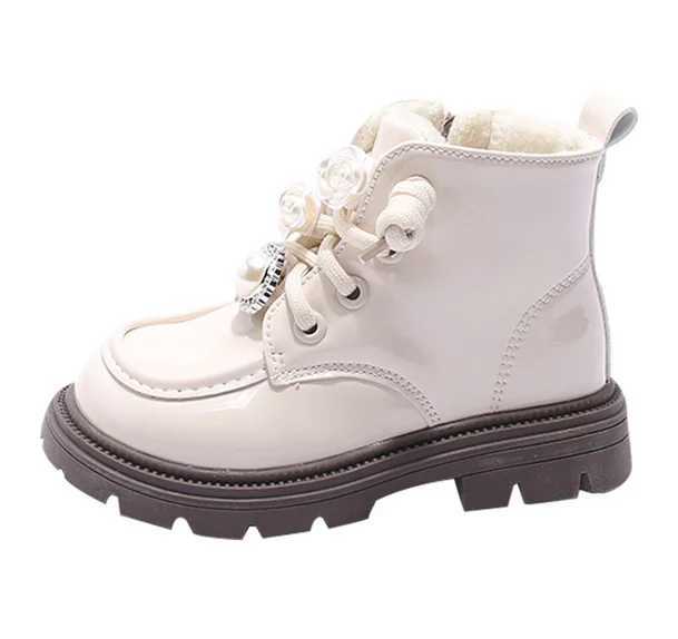 Boots Girls fashion boots 2024 beige floral flat bottom girls baby cotton shoes autumn black anti slip short childrens baby boots H241018
