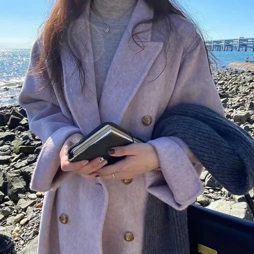2024 Autumn Winter New Drouble Breasted Woolen Coat Women Tailored Collar Long Loose Woolen Jacket Female Casual Fashion KoreanX241009