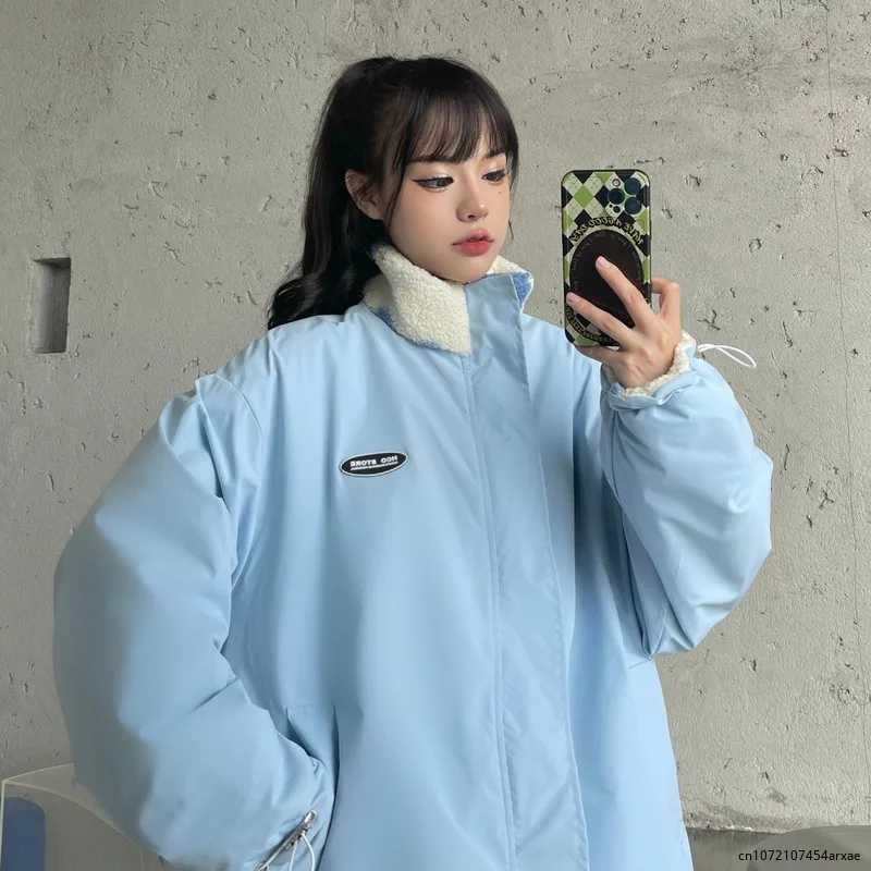 2023 Wear On Both Sides Thicked Lamb Wool Coats Autumn Winter Korean Loose Heart Print Jackets Harajuku Simple New Parkas TopsX241018