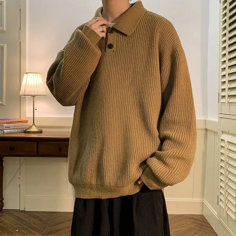 Polo Neck Oversize Men Knit Sweater Vintage Brown Casual Winter Long Sleeve Fashion Warm Streetwear Tops Pullovers 241018
