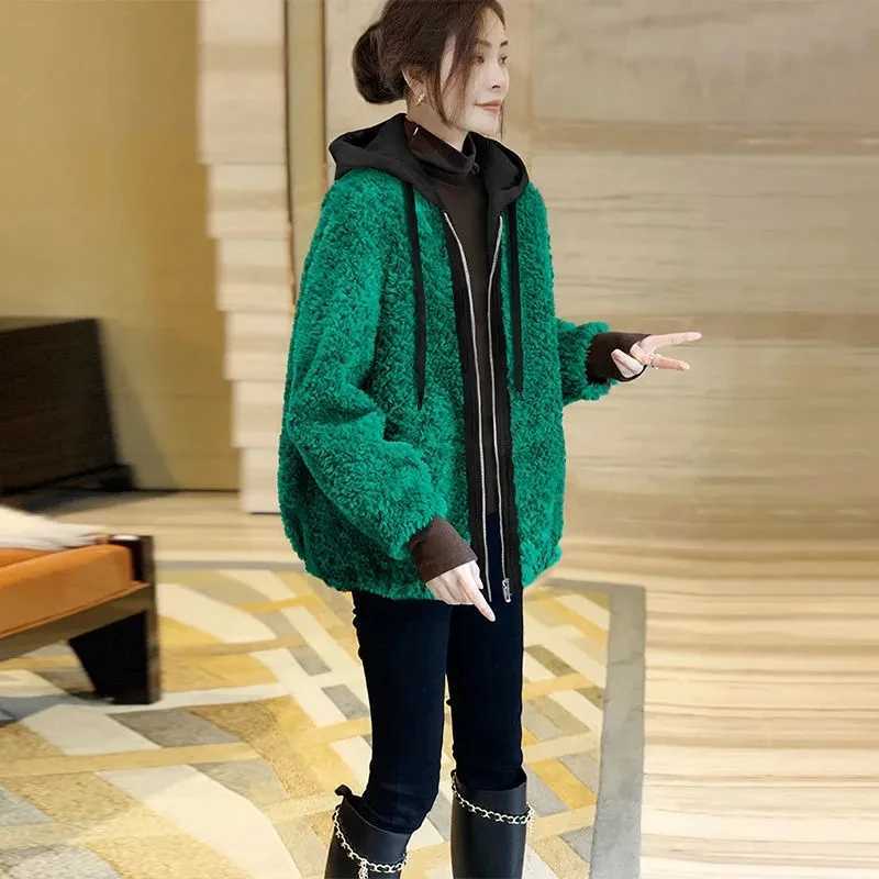 Green Plush Jackets For Women 2023 Zipper Hooded Stitching Coat Autumn Winter Fashion Long Sleeves Chamarras Para MujerX241018