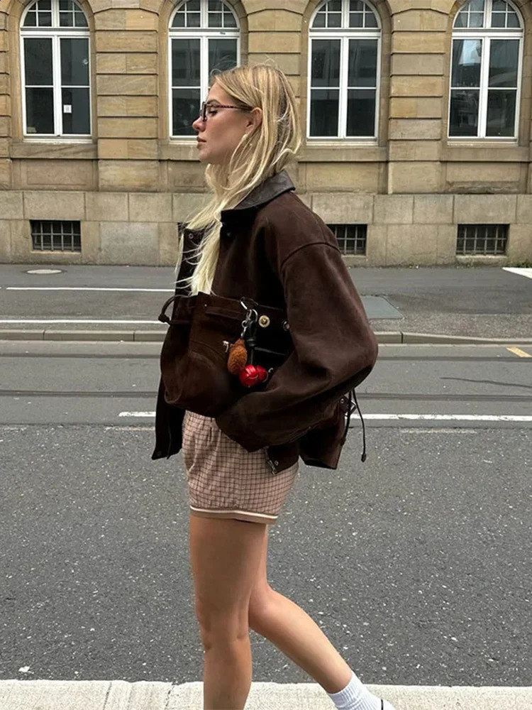 Retro Brown Zipper Suede Womens Jacket Elegant Lapel Long Sleeves Pocket Short Coats Autumn Chic Lady Commuting Street Outwears 241017