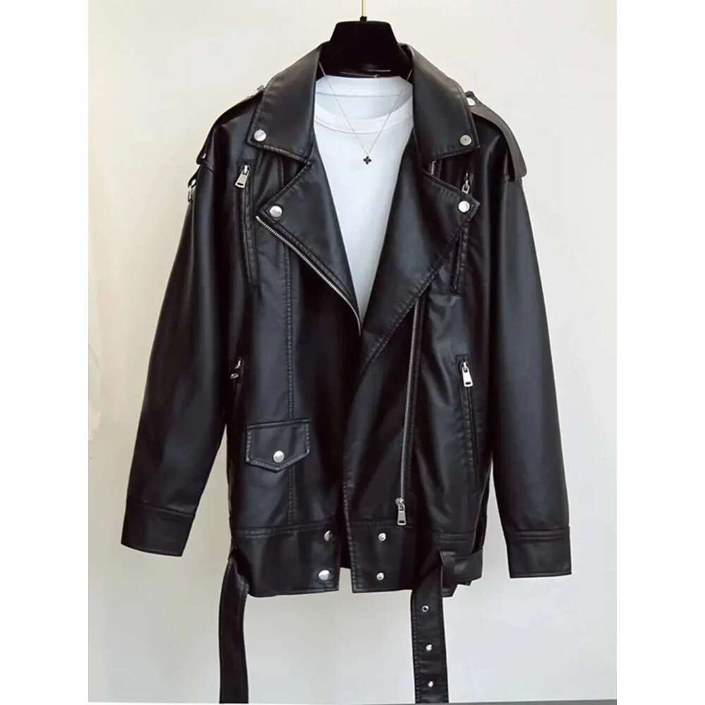 Oversize American Loose Motorcycle Faux Leather Jackets Fashion Black PU Coat Women With Belt Causal Outerwear