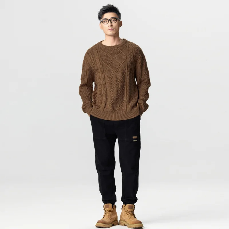 American retro knit sweater men loose round neck twisted casual tops lazy wind versatile Large size 241018