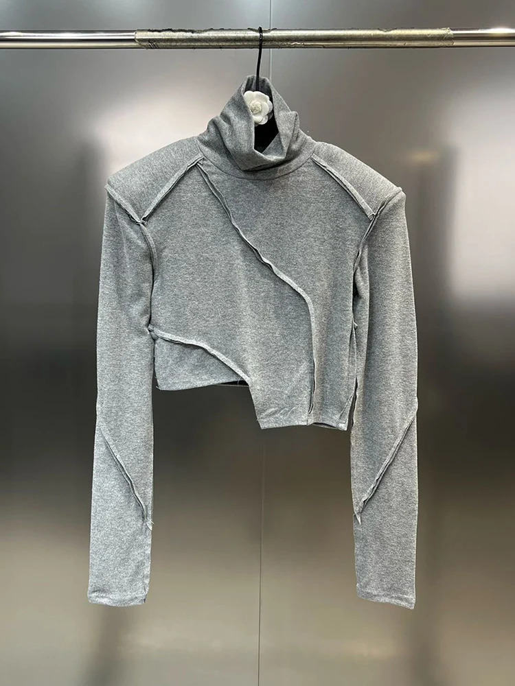 DEAT Fashion Black Womens Shoulder Pad Patchwork Tshirt Autumn Turtleneck Long Sleeves Pullover Top Female 11XX6290 241018