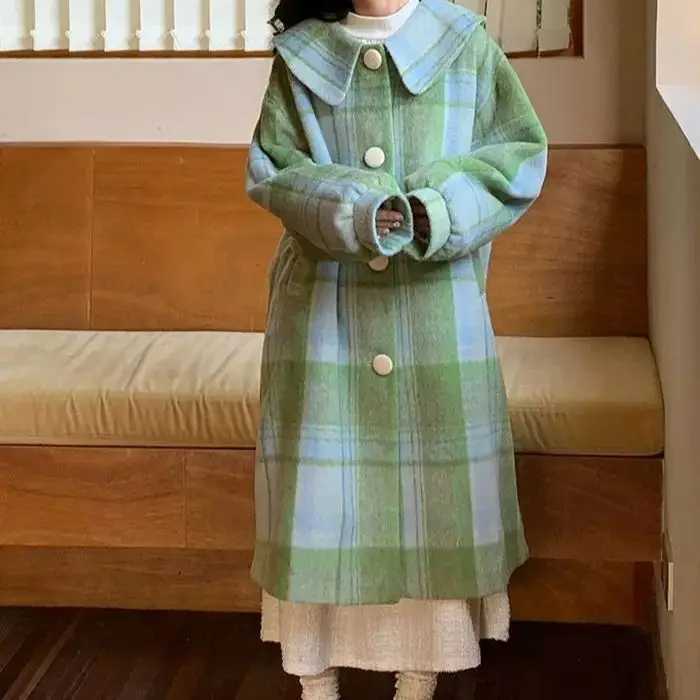 Woolen Coat Loose Fit Plaid Green Button Design Doll Collar Big Size Long New Long Sleeve Women Fashion Tide Autumn Winter 2023X241009