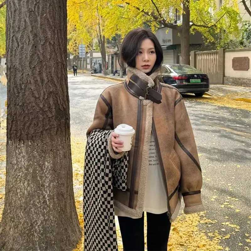 Leather and Lamb Wool Jacket for Women 2024 New Winter Suede Motorcycle Jacket Cotton Jacket for Both men and Women Commuting WFX241018
