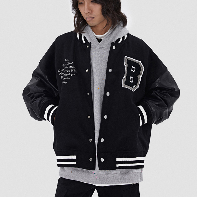 Spring Fall Ing Leather Sleeve Bomber Jacket Letter Embroidered Black Baseball Uniform Men Women Couple Casual Streetwear