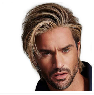 Fashion Handsome Mixed Gold Brown Men's Hair Synthetic Wig Headset