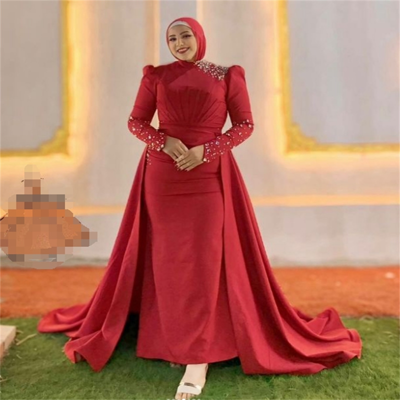 Gorgeous Red Saudi Arabic Evening Dresses With Overskirt Train Plus Size Long Sleeve Abaya Moroccan Muslim Prom Dress Formal Reception Engagement Birt