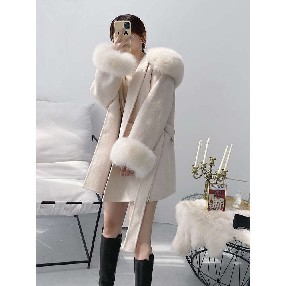 2023 Real Coat New Oversize Ladies Outerwear Winter Jacket Women Natural Fox Fur Collar Cuffs Hood Cashmere Wool Woolen